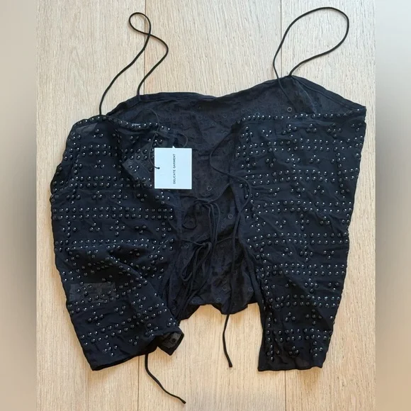 ZARA Sheer Studded Lace-Up Back Camisole Top Black | Sexy Night Out Party Top M - Picture 4 of 7